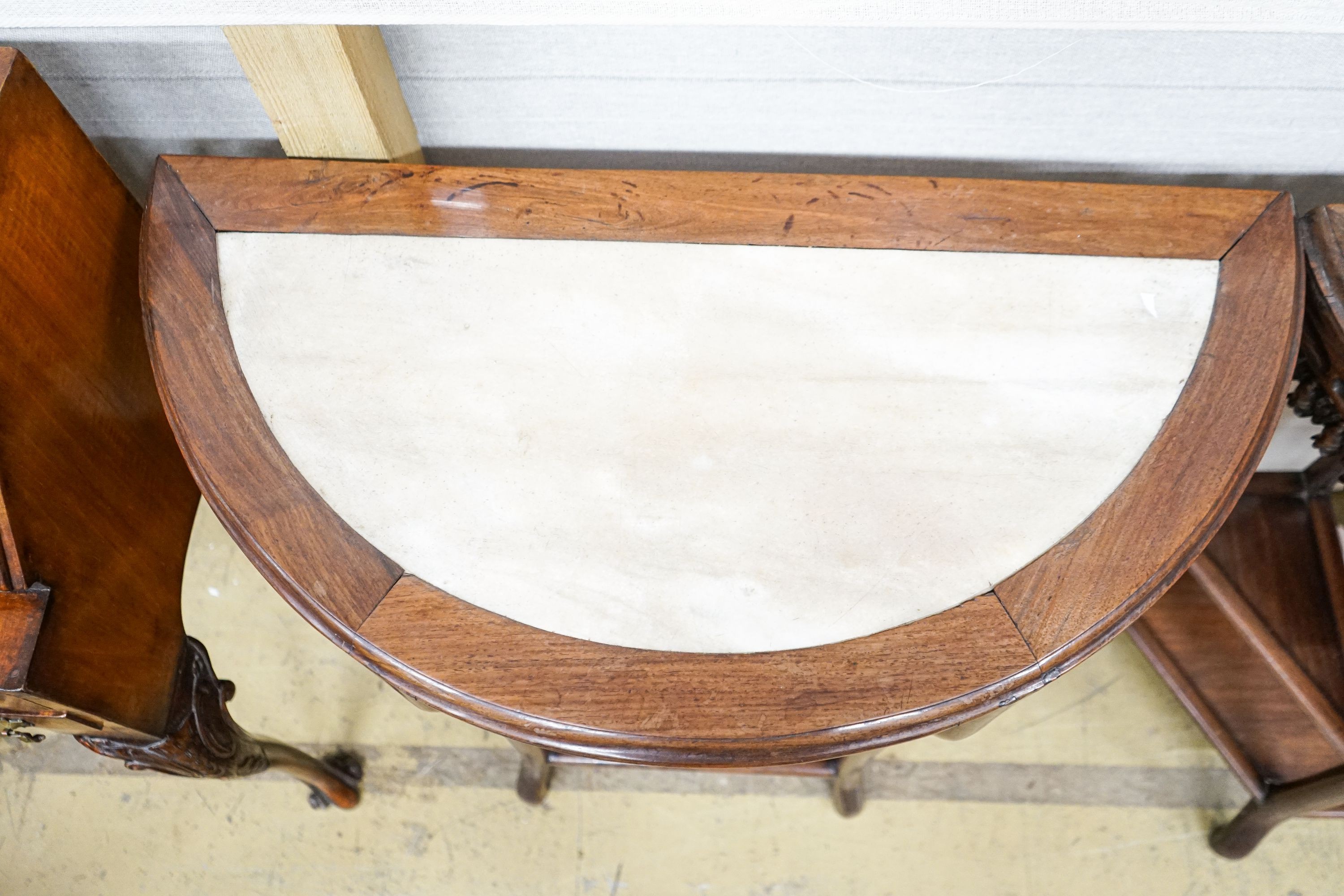 A pair of Chinese marble-topped demi lune console tables, width 82cm, depth 40cm, height 80cm